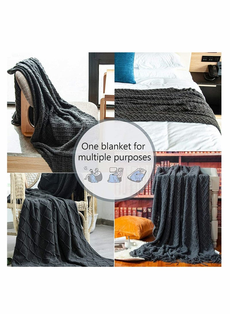 Acrylic Knitted Throw Blanket Lightweight and Soft Cozy Decorative Woven Blanket with Tassels for Travel Couch Bed Sofa Available All Year Round 51 x 67 Inch Dark Grey