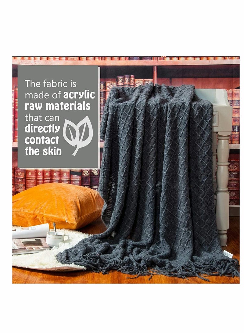 Acrylic Knitted Throw Blanket Lightweight and Soft Cozy Decorative Woven Blanket with Tassels for Travel Couch Bed Sofa Available All Year Round 51 x 67 Inch Dark Grey