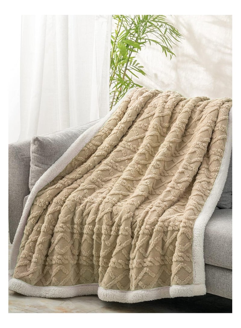 Jacquard Sherpa Blanket Single Size Faux Fur Bed Blanket 160x220cm Flannel Fleece Reversible Blanket Warm and Plush Throw Blanket Beige