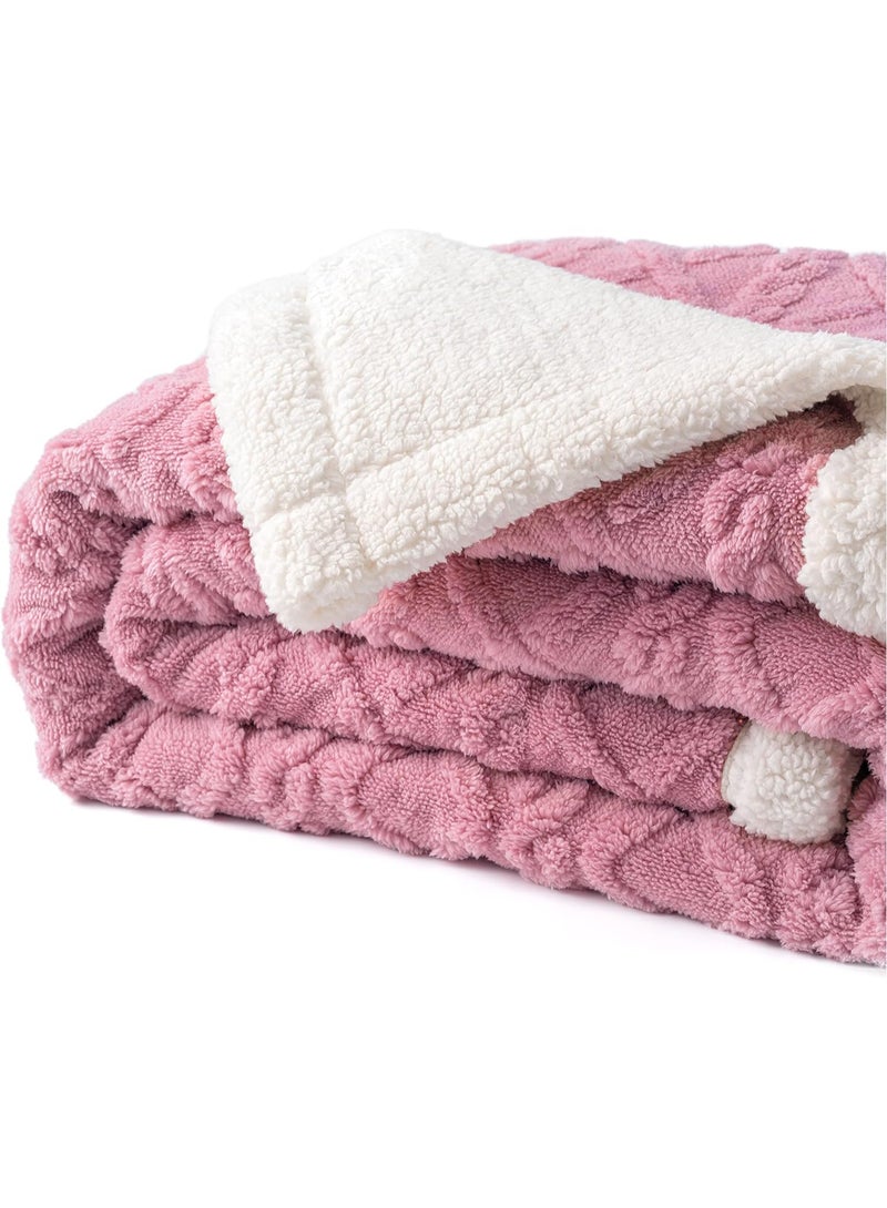 Jacquard Sherpa Blanket Super King Size Faux Fur Bed Blanket 220x240cm Flannel Fleece Reversible Blanket Double Size Warm and Plush Throw Blanket Pink