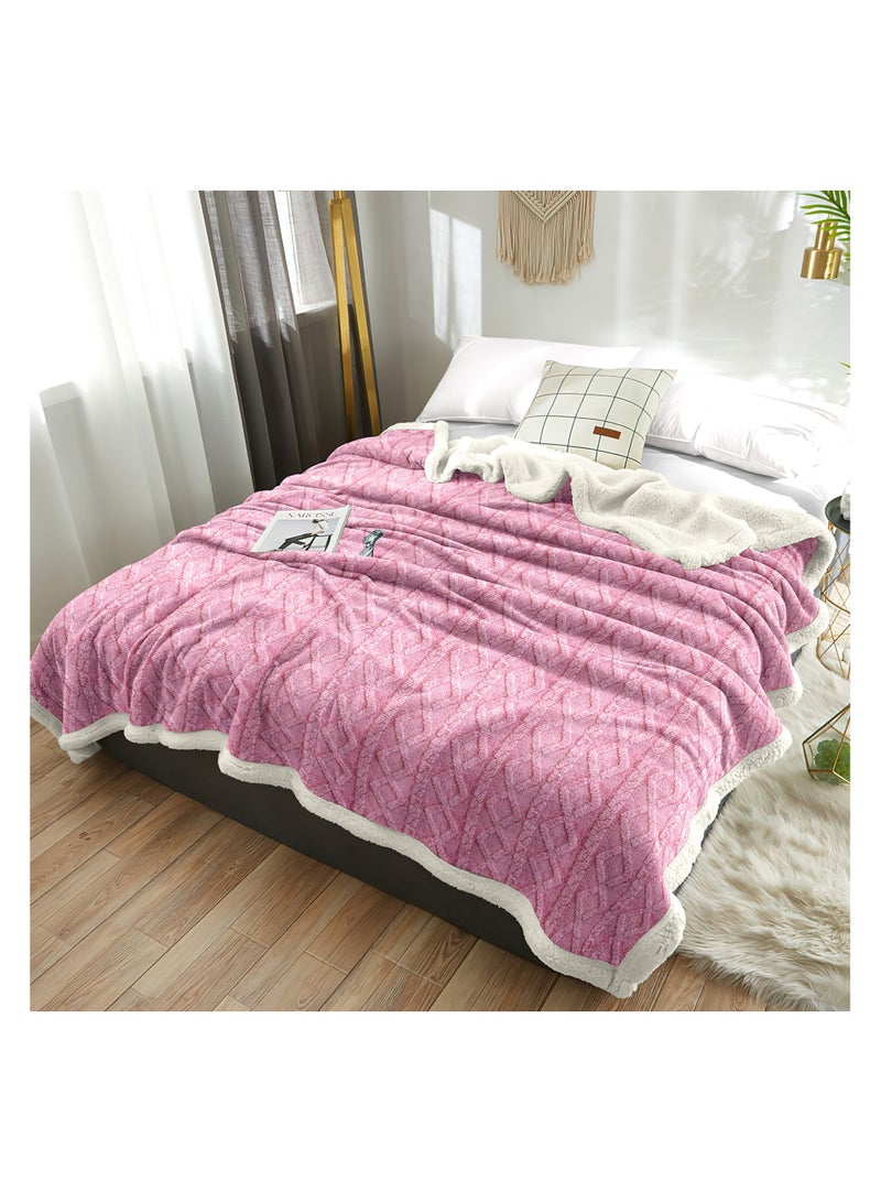 Jacquard Sherpa Blanket Super King Size Faux Fur Bed Blanket 220x240cm Flannel Fleece Reversible Blanket Double Size Warm and Plush Throw Blanket Pink