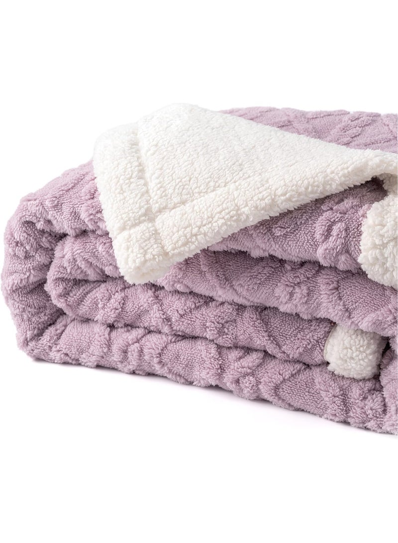 Jacquard Sherpa Blanket Super King Size Faux Fur Bed Blanket 220x240cm Flannel Fleece Reversible Blanket Double Size Warm and Plush Throw Blanket Lilac