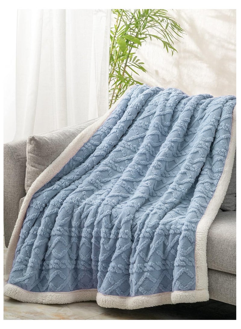 Jacquard Sherpa Blanket Single Size Faux Fur Bed Blanket 160x220cm Flannel Fleece Reversible Blanket Warm and Plush Throw Blanket Blue Grey