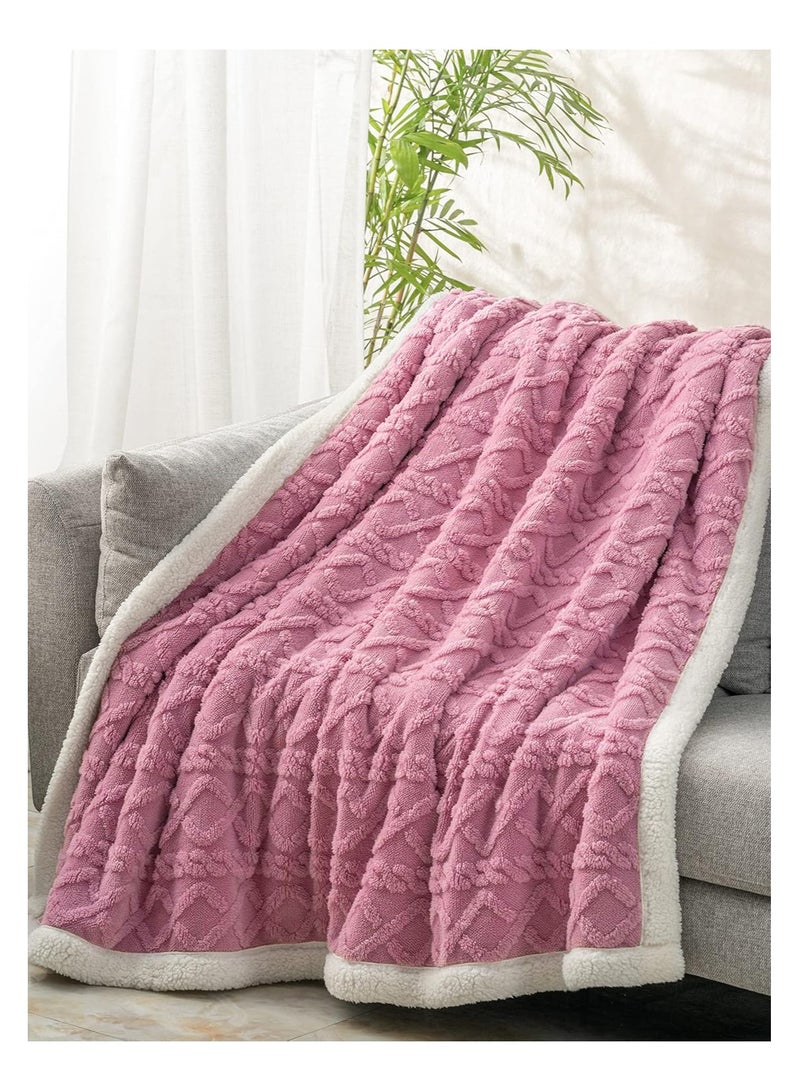 Jacquard Sherpa Blanket Single Size Faux Fur Bed Blanket 160x220cm Flannel Fleece Reversible Blanket Warm and Plush Throw Blanket Pink