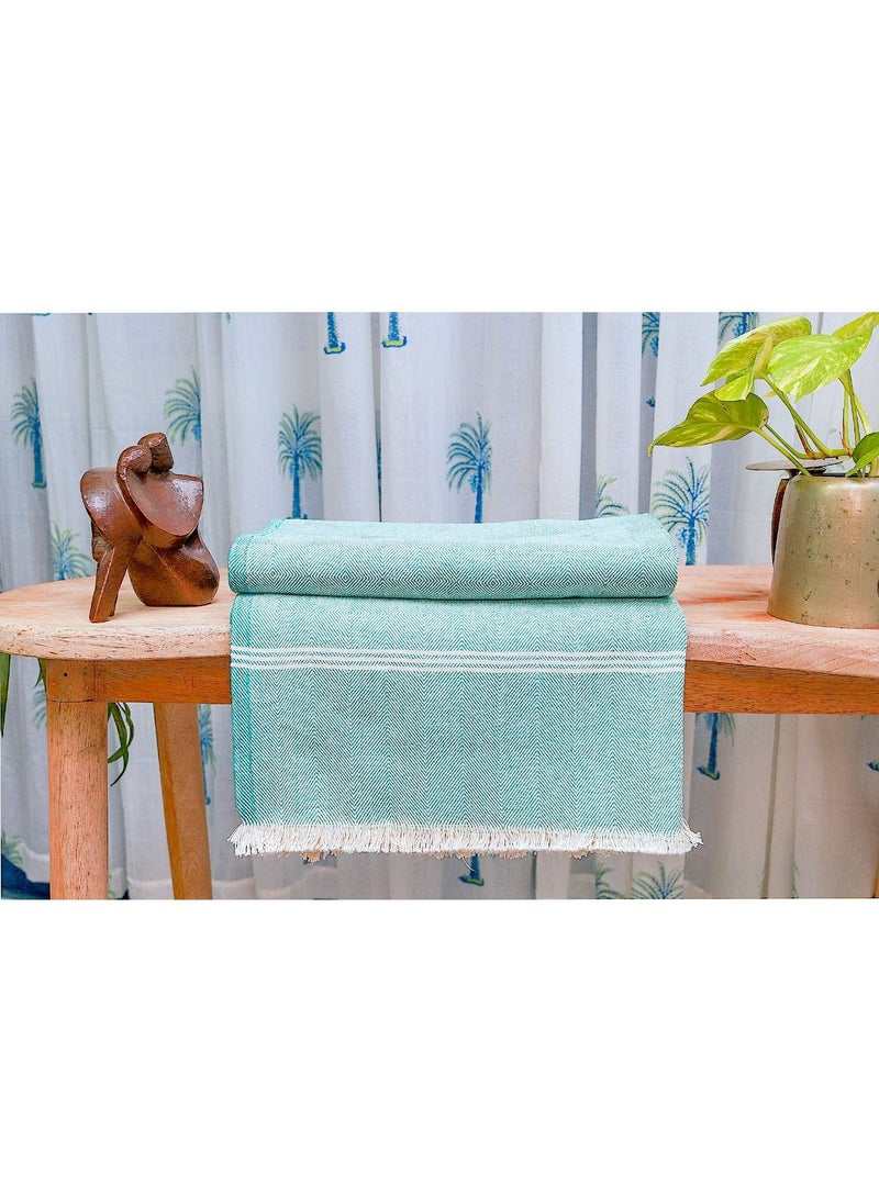 Teal and White Textured Handwoven Organic Handloom Cotton Throw Blanket