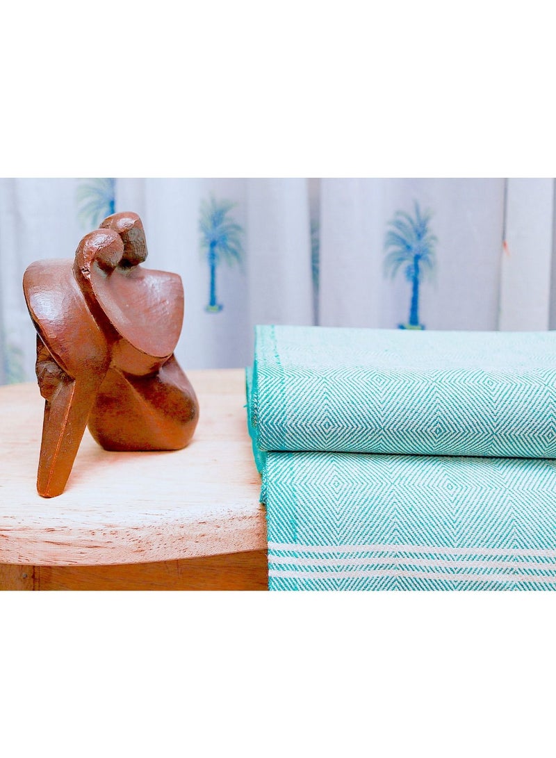Teal and White Textured Handwoven Organic Handloom Cotton Throw Blanket
