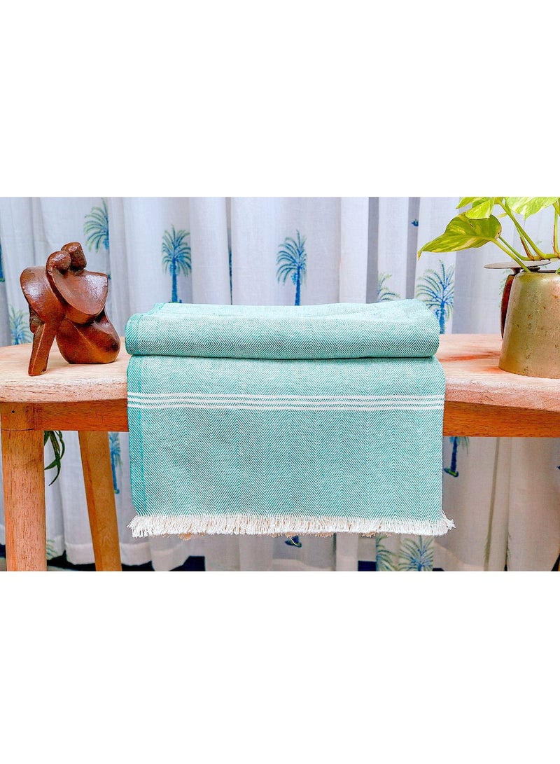 Teal and White Textured Handwoven Organic Handloom Cotton Throw Blanket