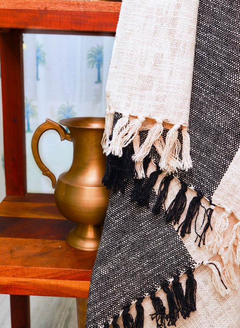 Black and Ivory Cotton Handwoven Sofa Throw Blanket