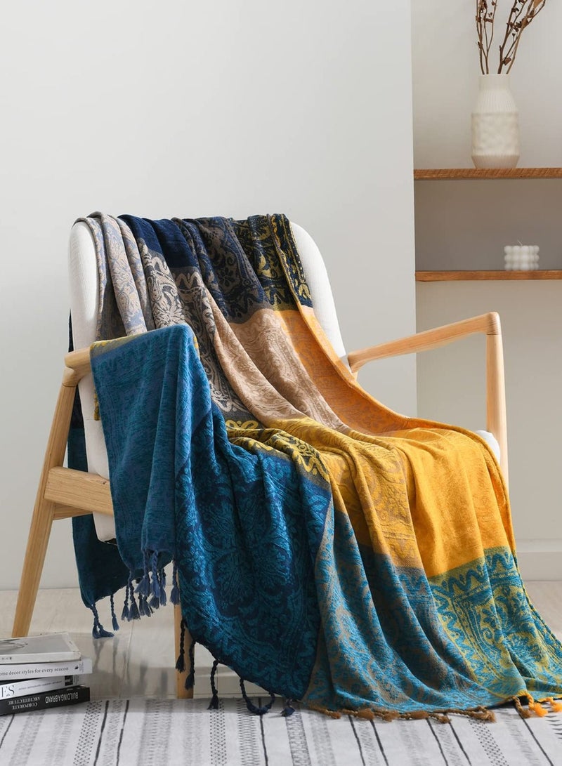 Boho Couch Cover Blanket - Boho Tribal Woven Chenille Throw Blanket wiz Tassel, Bohemian Hippie Decor for Bed Sofa Loveseat Recliner(Blue Yellow, 60x75)