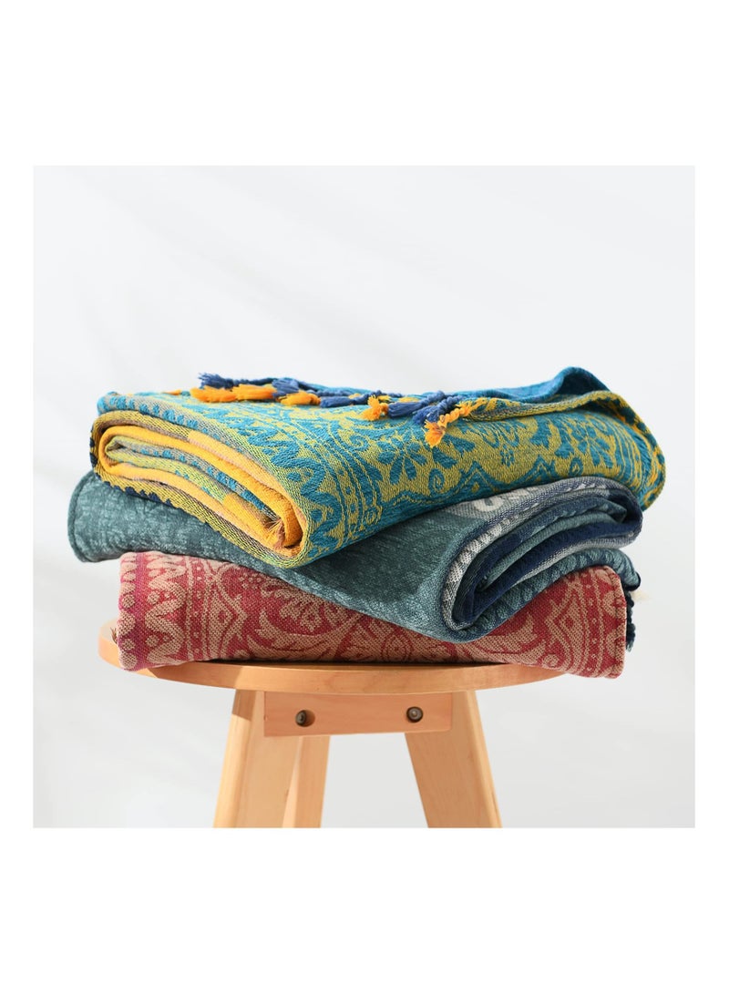 Boho Couch Cover Blanket - Boho Tribal Woven Chenille Throw Blanket wiz Tassel, Bohemian Hippie Decor for Bed Sofa Loveseat Recliner(Blue Yellow, 60x75)