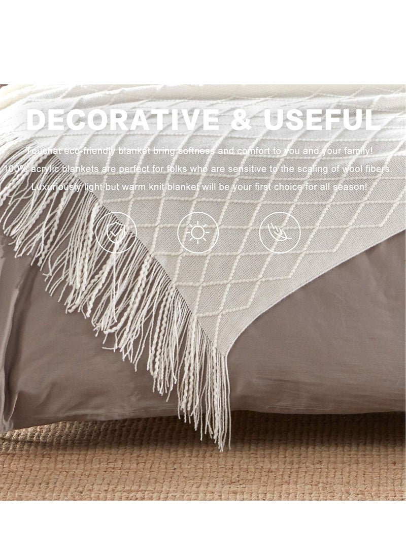 Sofa Decorative Blanket, Soft and Comfortable Knitted Blanket with Tassels for Sofa and Bed Diamond Shaped Coverlet Lightweight Decorative Bed End Blanket Nap Blanket (beige, 127x152cm)