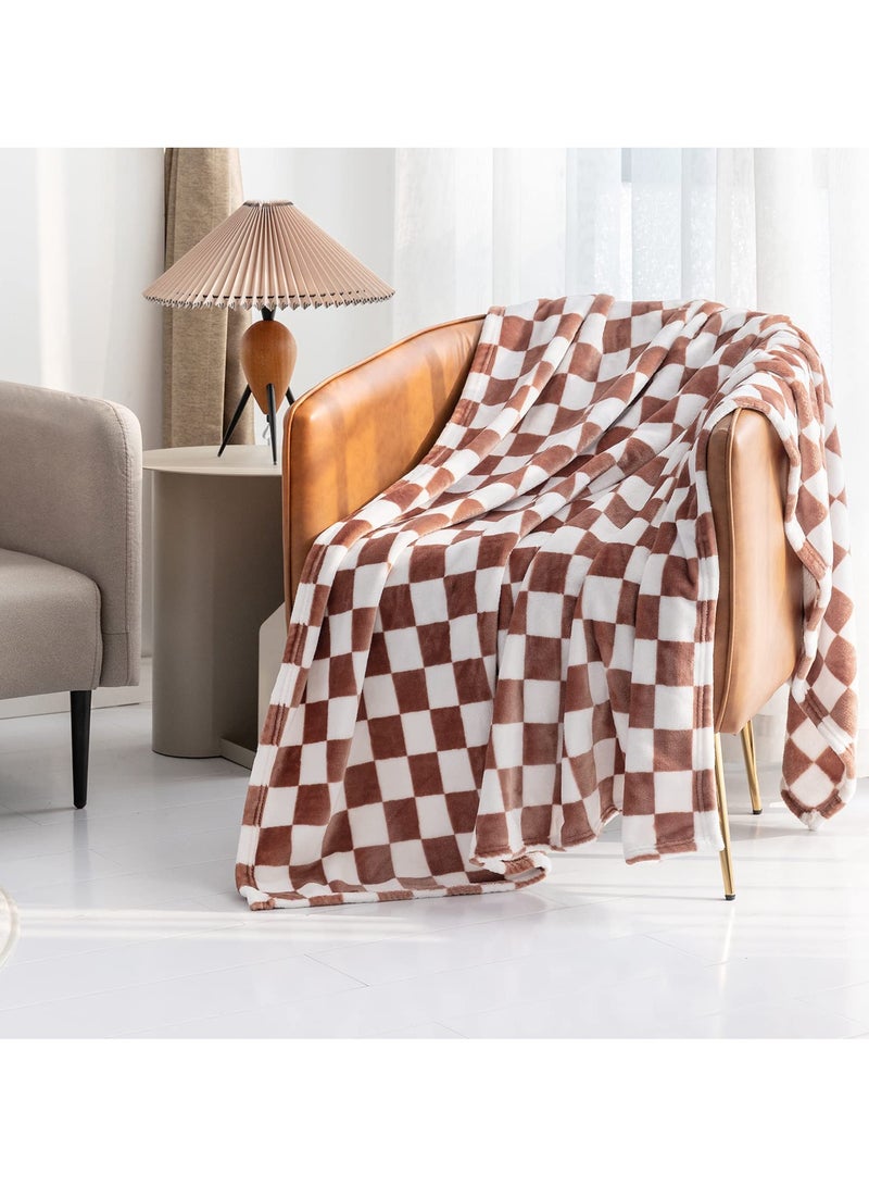 Soft Throw Blanket, Reversible Checkerboard Caramel, Warm Cozy Fluffy Plush Lightweight Blanket for Couch, Sofa, Bed