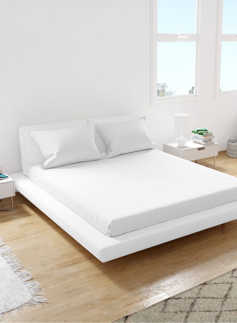 Queen Striped Fitted Sheet with 2 Pillow Case 180 x 200 Cm White
