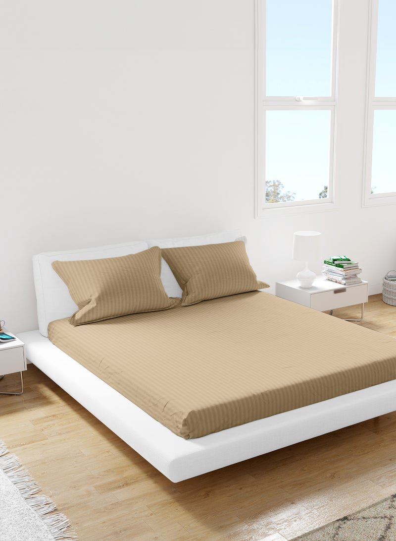 Queen Striped Fitted Sheet with 2 Pillow Case 180 x 200 Cm Beige