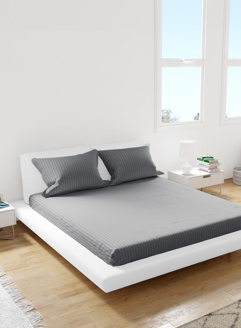 Queen Striped Fitted Sheet with 2 Pillow Case 180 x 200 Cm Grey