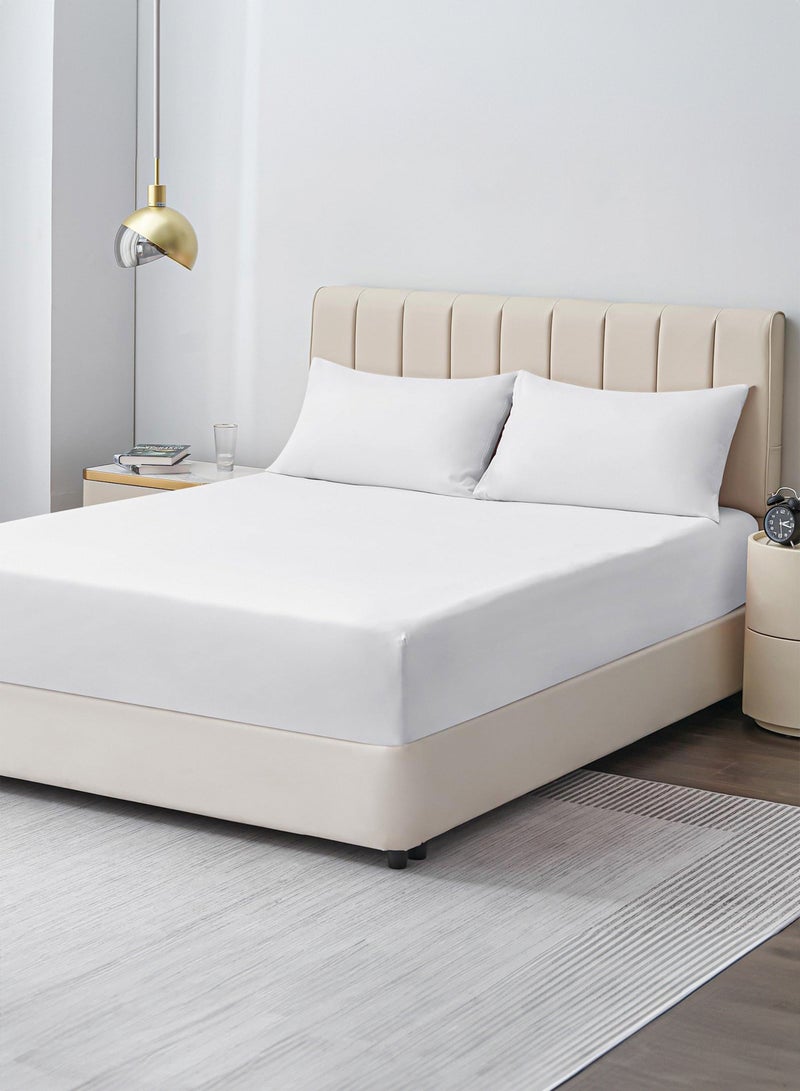King Plain Fitted Elastic Bedsheet with 2 Pillow Case 200 x 200 Cm White