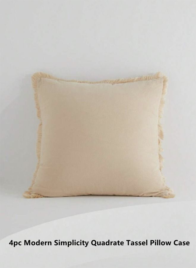 4-Piece Modern Simplicity Quadrate Pillow Case Tassel Trim Cushion Cover Cotton Khaki 45 x 45 Centimeter