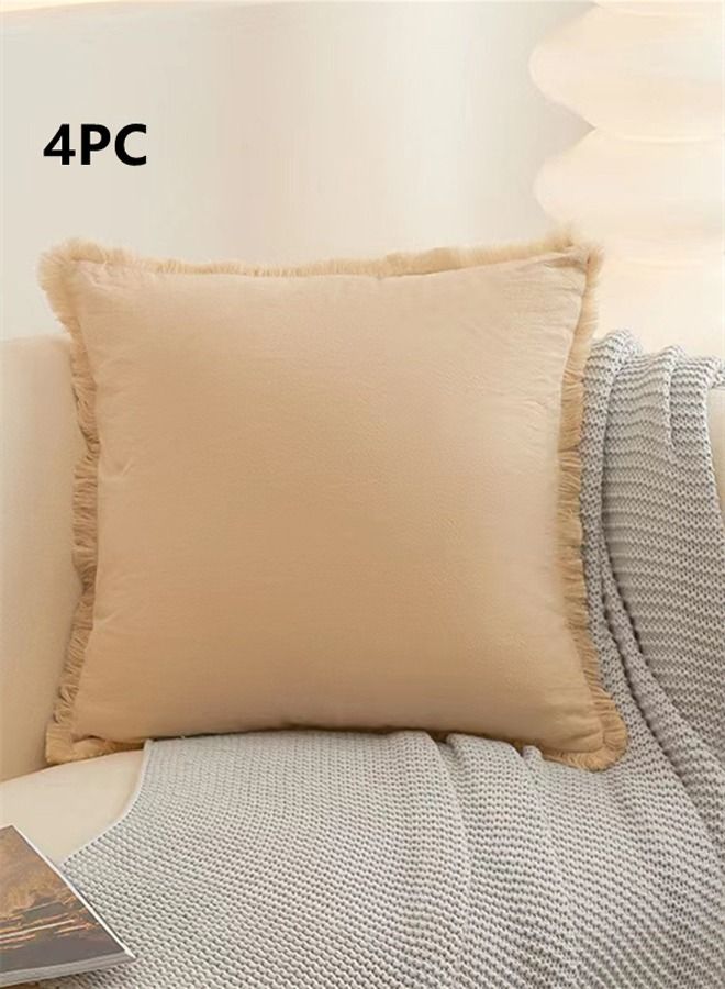 4-Piece Modern Simplicity Quadrate Pillow Case Tassel Trim Cushion Cover Cotton Khaki 45 x 45 Centimeter