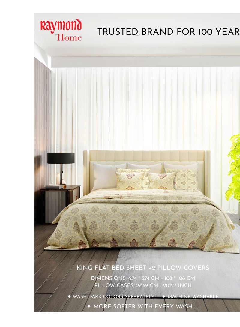 Raymond Home King Flat Sheet Super Soft 140 TC Pure Cotton (274x274 cm, 46x69 cm) Flat sheet & 2 PillowCases