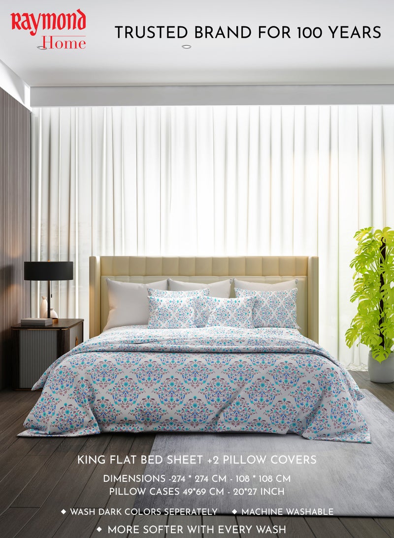 Raymond Home King Flat Sheet Super Soft 120 TC Pure Cotton (274x274 cm, 46x69 cm) Flat sheet & 2 PillowCases
