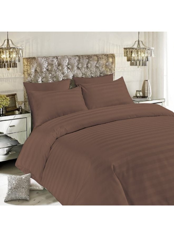 Tulip (Dark Brown) King Size Flat Sheet, Duvet cover and Pillow Covers with 1 cm Satin Stripe (Set of 6 Pcs) Premium Cotton, Soft and Luxurious Hotel Quality Bed linen-300 TC