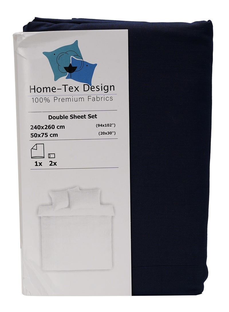 3 Piece Hometex Design King Size Dyed Flat Sheet Set Navy Blue - 1 Flat Sheet (240x260 cm) + 2 Pillow Covers (50x75 cm)