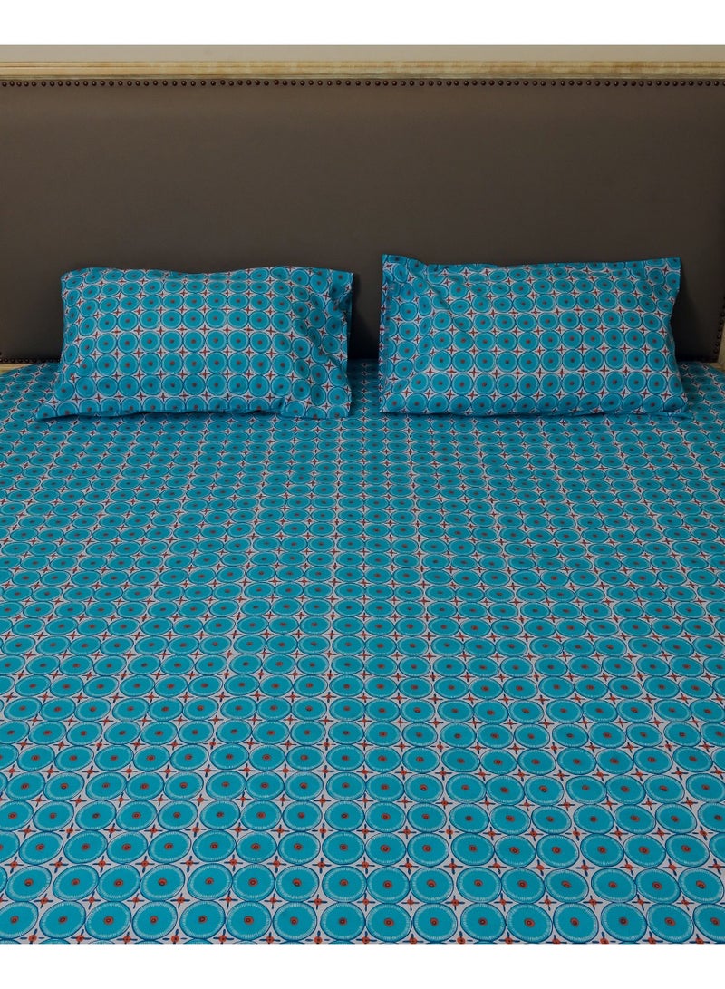 3 Piece Hometex Design 100% Cotton Printed Flat Sheet Set ENERGIE BLUE - 1 Flat Sheet (240x260 cm) + 2 Pillow Covers (50x80 cm)