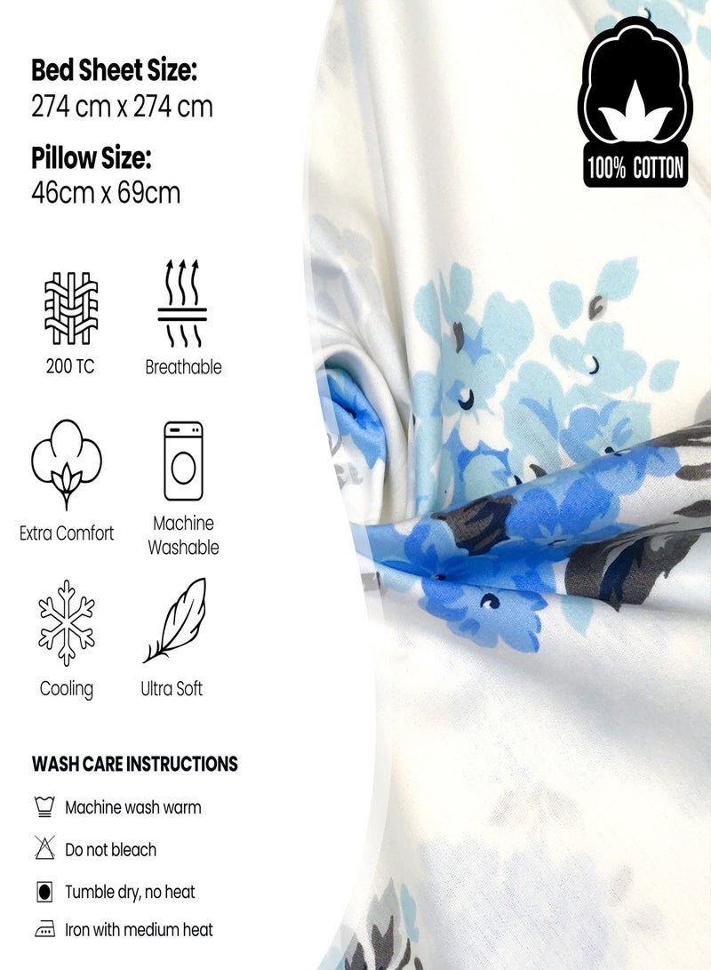 Raymond Home King Flat Sheet Bedsheet 200 Thread Count Luxirious 100% Long Staple Cotton Bedding Printed Sateen Percale Bed Linen with 2 Pillow Case - Blue (274 * 274 CM)