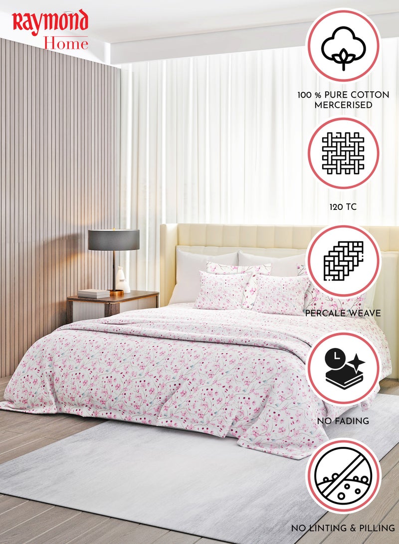 Raymond Home King Flat Sheet Bedsheet 140 Thread Count Luxirious Mercerised 100% Long Staple Cotton Bedding Printed Percale Weave Finish Bed Linen with 2 Pillow Case -Spring (274 * 274 CM)