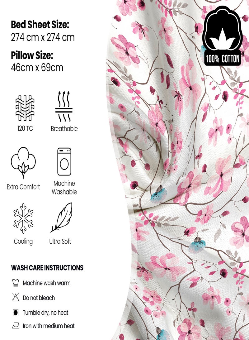 Raymond Home King Flat Sheet Bedsheet 140 Thread Count Luxirious Mercerised 100% Long Staple Cotton Bedding Printed Percale Weave Finish Bed Linen with 2 Pillow Case -Spring (274 * 274 CM)
