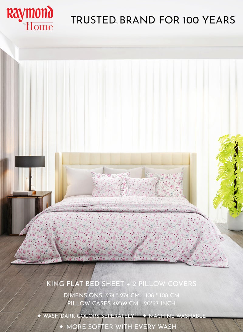 Raymond Home King Flat Sheet Bedsheet 140 Thread Count Luxirious Mercerised 100% Long Staple Cotton Bedding Printed Percale Weave Finish Bed Linen with 2 Pillow Case -Spring (274 * 274 CM)