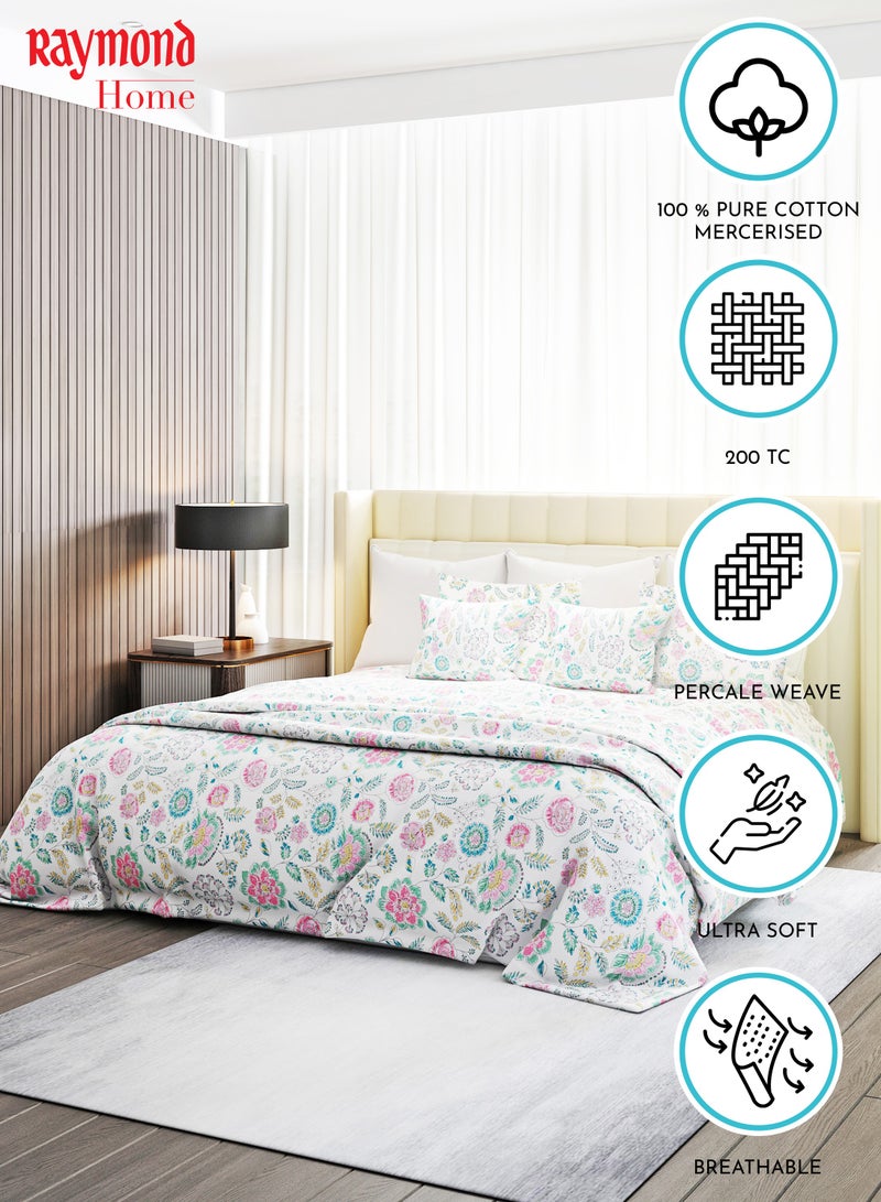 Raymond Home King Flat Sheet Bedsheet 200 Thread Count Luxirious 100% Long Staple Cotton Bedding Printed Sateen Percale Finish Bed Linen with 2 Pillow Case - Purple (274 * 274 CM)