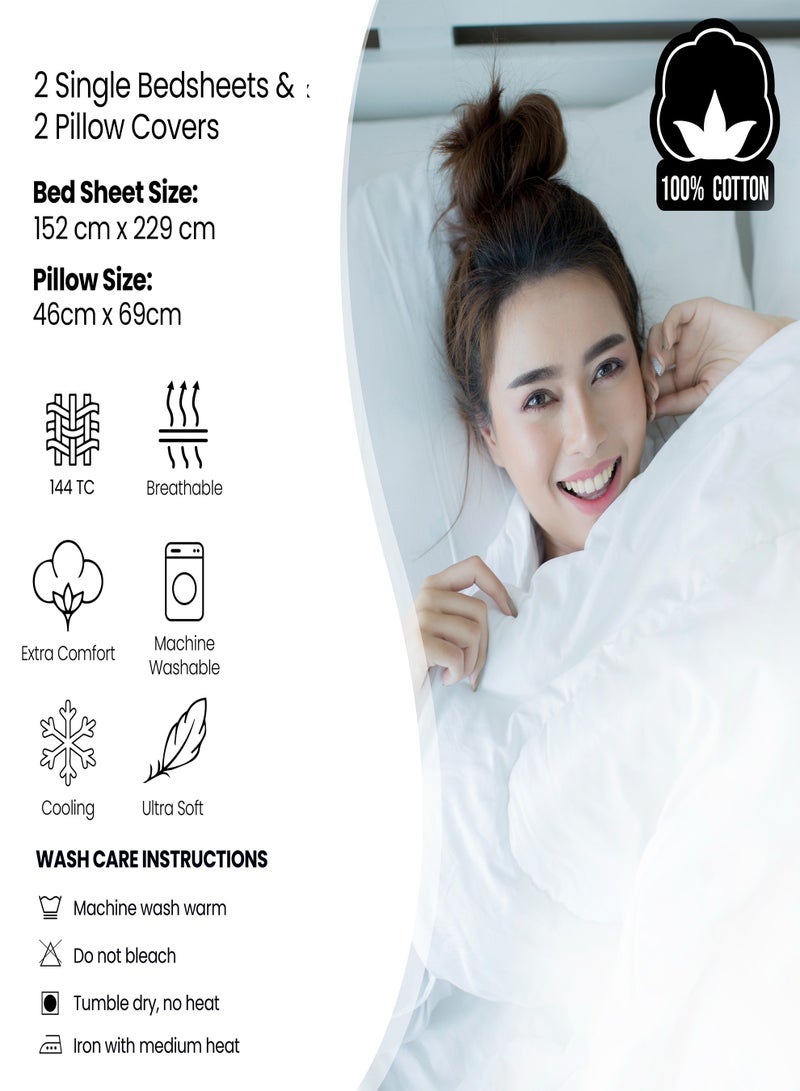 Raymond Home Single Sheet 144 Thread Count Luxirious Mercerised 100% Cotton Bedding Solid Pre Shrunk Percale Finish Bed Linen 2 Bedsheet and 2 Pillow Case - White (152 * 229 CM)