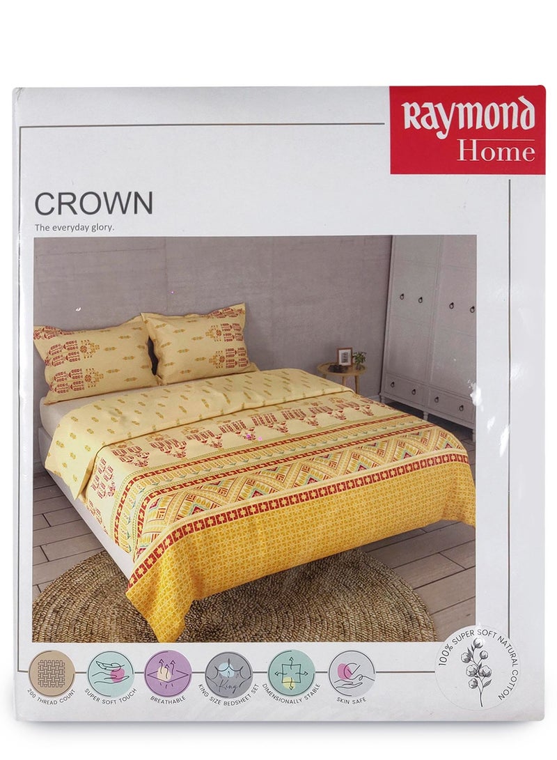 Raymond Home King Flat Sheet Bedsheet 200 Thread Count Luxirious 100% Long Staple Cotton Bedding Printed Sateen Percale Bed Linen with 2 Pillow Case - Ecru (274 * 274 CM)