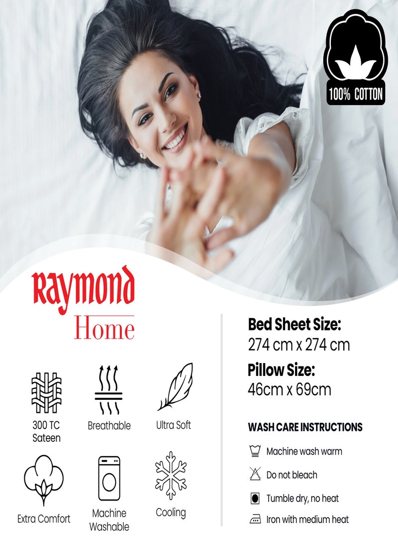 Raymond Home King Flat Sheet Bedsheet 300 Thread Count Luxirious Mercerised 100% Cotton Bedding Solid Pre Shrunk Sateen Stripe Finish Bed Linen with 2 Pillow Case - Grey (274 * 274 CM)