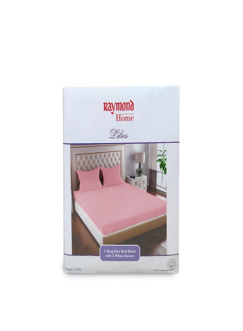 Raymond Home King Flat Sheet Bedsheet 144 Thread Count Luxirious Mercerised 100% Long Staple Cotton Bedding Solid Pre Shrunk Percale Finish Bed Linen with 2 Pillow Case - Rose (274 * 274 CM)