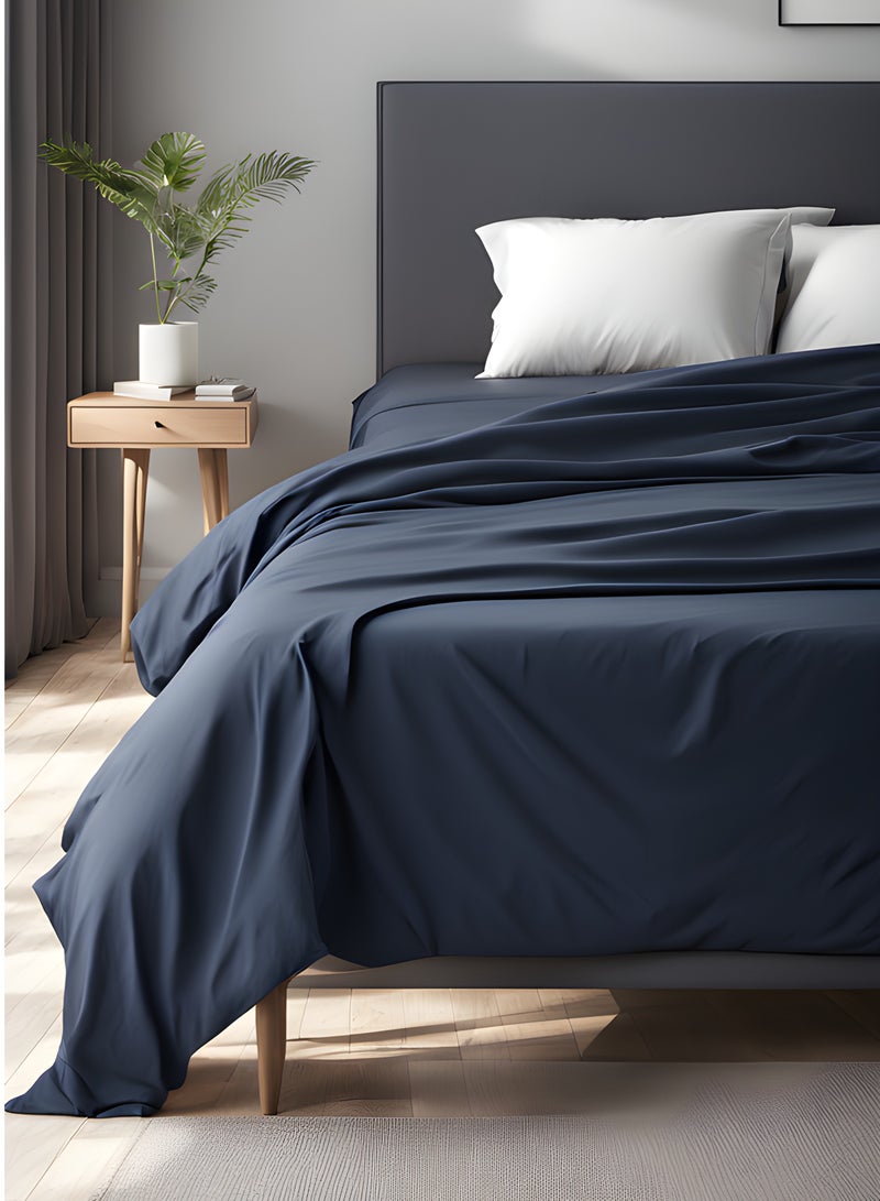 Raymond Home King Flat Sheet Bedsheet 144 Thread Count Luxirious Mercerised 100% Long Staple Cotton Bedding Solid Pre Shrunk Percale Finish Bed Linen with 2 Pillow Case - Navy (274 * 274 CM)