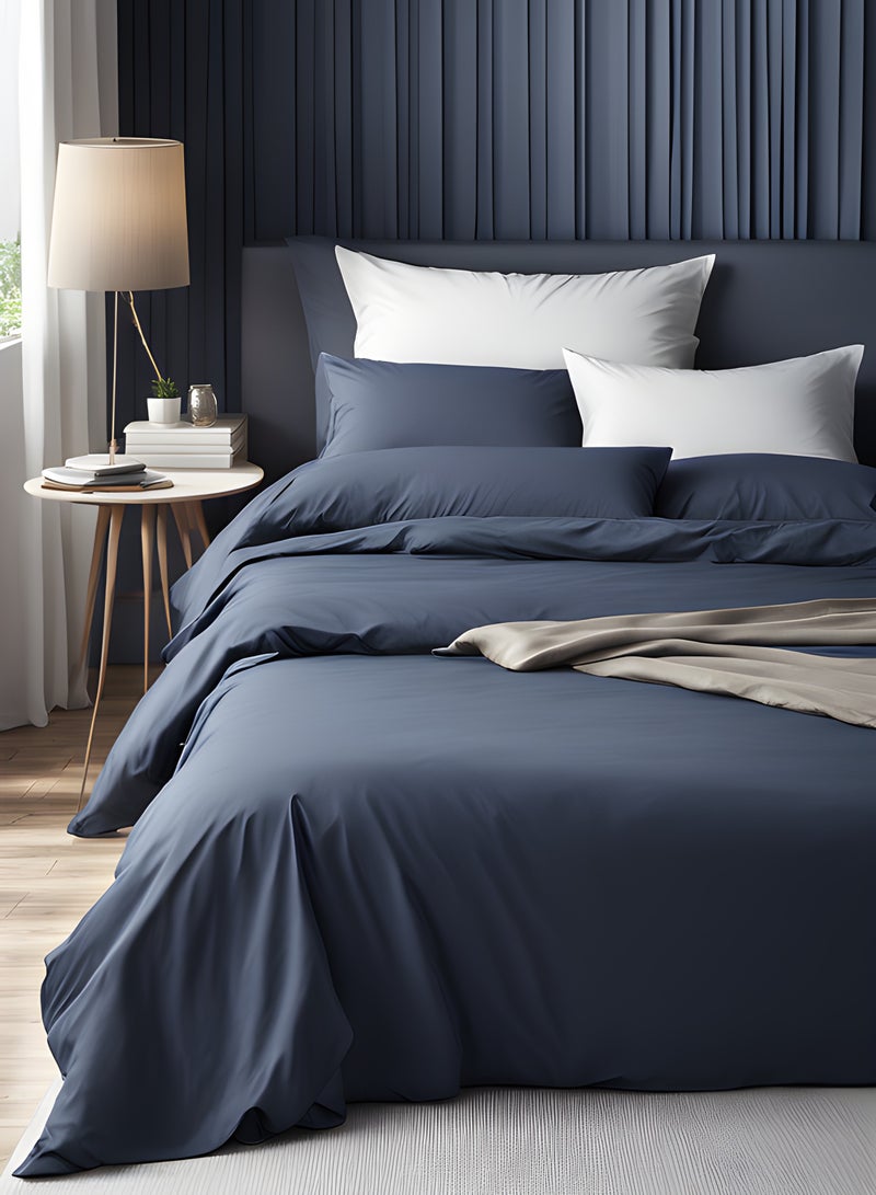 Raymond Home King Flat Sheet Bedsheet 144 Thread Count Luxirious Mercerised 100% Long Staple Cotton Bedding Solid Pre Shrunk Percale Finish Bed Linen with 2 Pillow Case - Navy (274 * 274 CM)