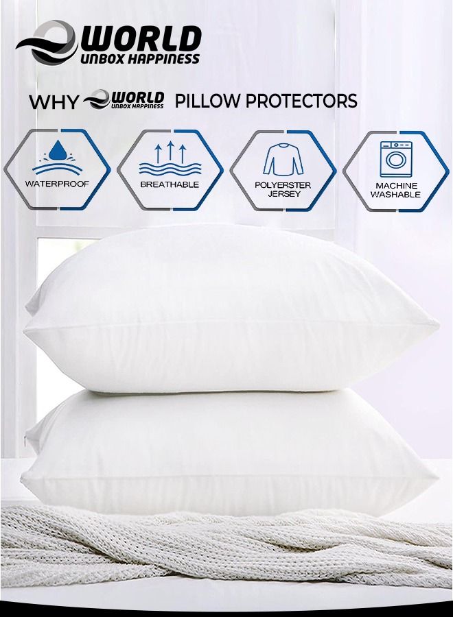 2 Pieces Waterproof King Size White Pillow Protectors, Hypoallergenic, Breathable Noiseless and Machine Washable Zippered Covers for Ultimate Protection, Ideal for Home, Hotel and Dormitory