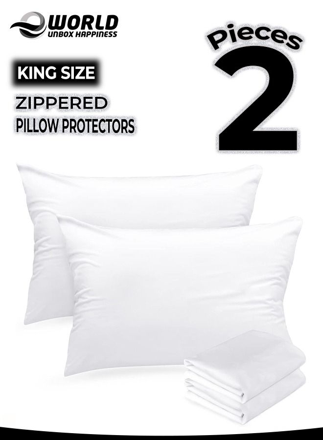 2 Pieces Waterproof King Size White Pillow Protectors, Hypoallergenic, Breathable Noiseless and Machine Washable Zippered Covers for Ultimate Protection, Ideal for Home, Hotel and Dormitory