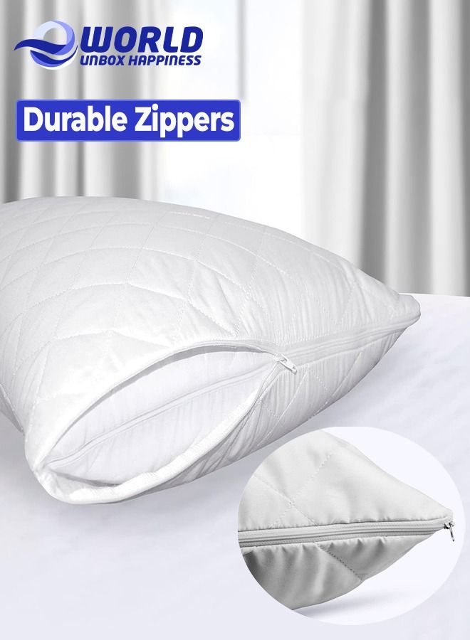 2 Pieces Luxurious Quilted Zipped Pillow Protectors for Ultimate Protection, Soft and Breathable Microfiber Cases, Hypoallergenic, Noiseless, Machine Washable, Ideal for Home, Hotel and Dormitory