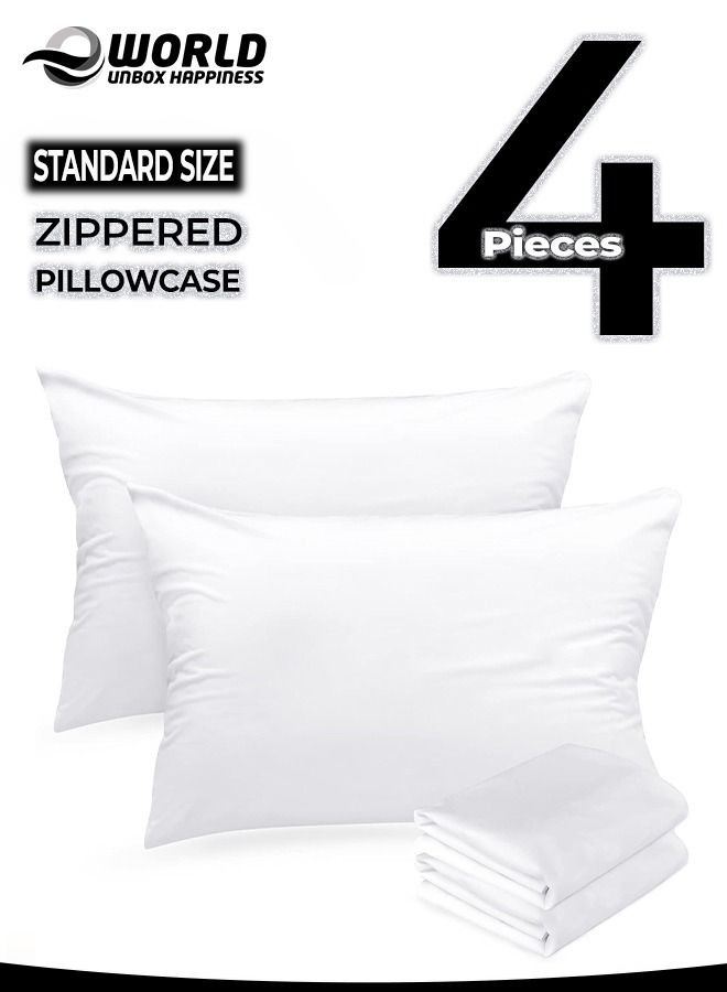 4 Pieces Waterproof Standard Size White Pillow Protectors, Hypoallergenic, Breathable Noiseless and Machine Washable Zippered Covers for Ultimate Protection, Ideal for Home, Hotel and Dormitory