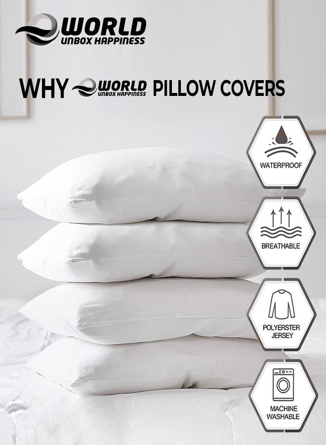 4 Pieces Waterproof Standard Size White Pillow Protectors, Hypoallergenic, Breathable Noiseless and Machine Washable Zippered Covers for Ultimate Protection, Ideal for Home, Hotel and Dormitory