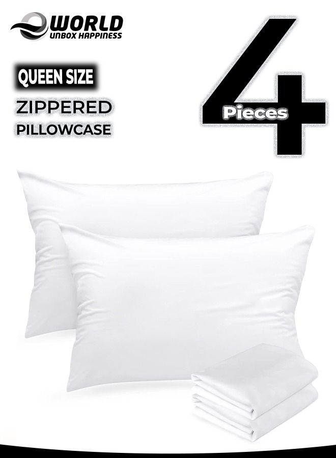 4 Pieces Waterproof Queen Size White Pillow Protectors, Hypoallergenic, Breathable Noiseless and Machine Washable Zippered Covers for Ultimate Protection, Ideal for Home, Hotel and Dormitory