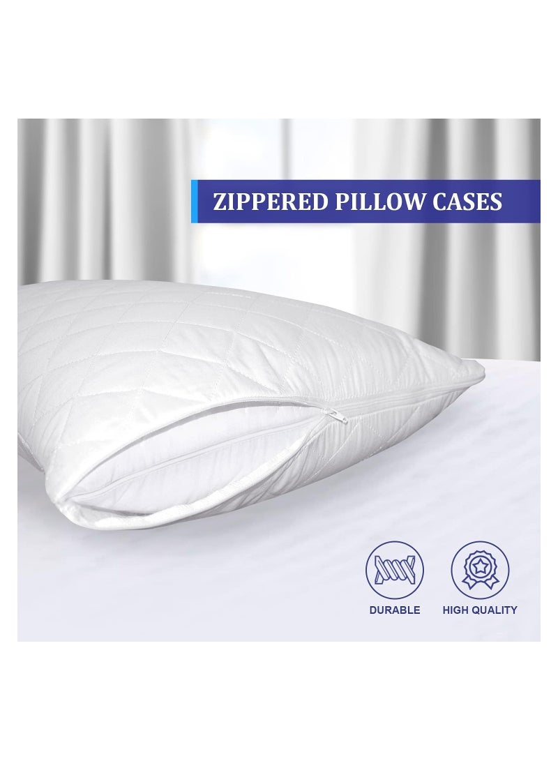 FABTEX Pillow Protectors 4 Pieces Pack Quilted Zipped Ultra Luxe Zipped Pillow Protectors Quilted Pillow Protectors Soft & Breathable Microfiber Pillowcase Protectors Hypoallergenic 50 x 75cm White