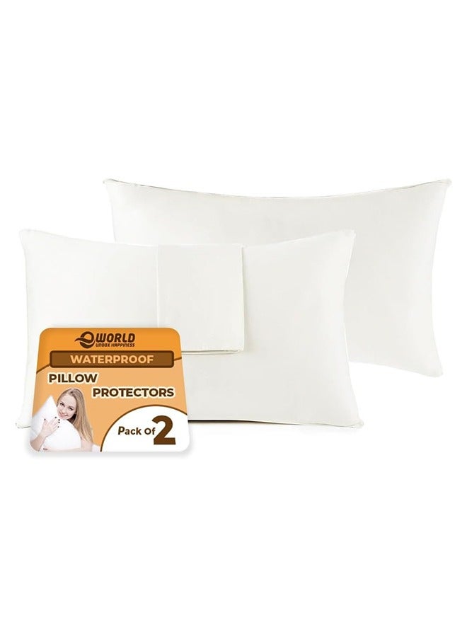 Waterproof White Cotton Pillow Covers with Smooth Zippers, Double Defense Design Featuring High Thread Count and Plain Style Thick Pillowcases for Home, Hotel, and Dormitory in Pack of 2, And 4