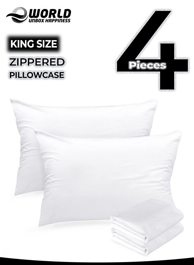 4 Pieces Waterproof King Size White Pillow Protectors, Hypoallergenic, Breathable Noiseless and Machine Washable Zippered Covers for Ultimate Protection, Ideal for Home, Hotel and Dormitory