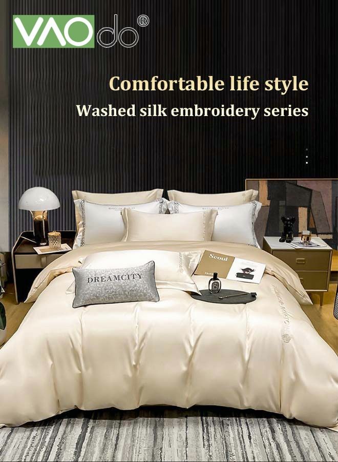 4PCS Silk Bedding Set King Size Comforter Set Warm in Winter and Cool in Summer Skin-Friendly Solid Color Breathable Duvet Cover Set 2.0M Bed 200*230CM