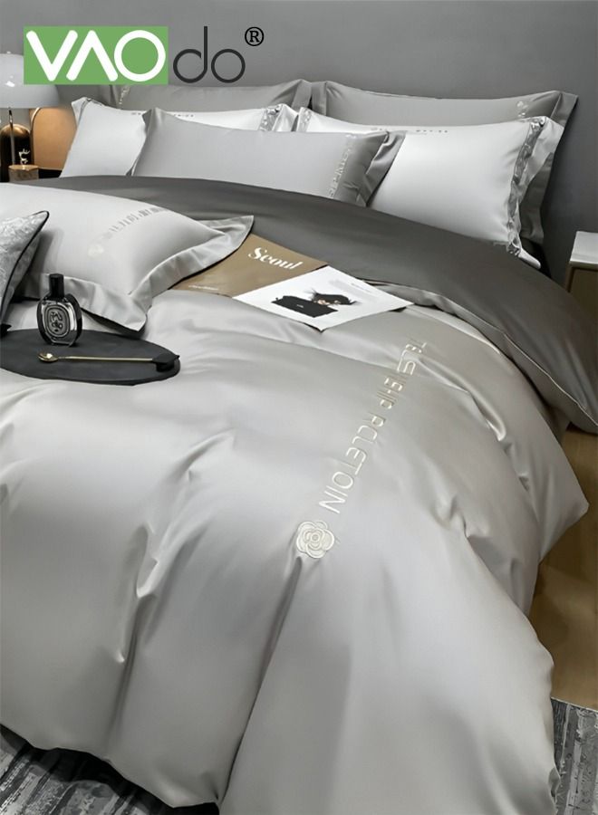 4PCS Comforter Set Warm in Winter and Cool in Summer Washed Silk Bedding Set Skin-Friendly Solid Color Breathable Duvet Cover Set 1.8M Bed 200*230CM King Size
