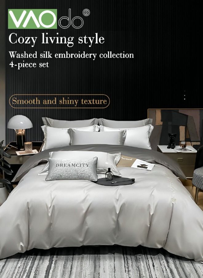 4PCS Comforter Set Warm in Winter and Cool in Summer Washed Silk Bedding Set Skin-Friendly Solid Color Breathable Duvet Cover Set 1.8M Bed 200*230CM King Size